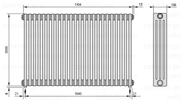 Схема (чертеж) Радиатор Zehnder Charleston 4300/24 №3570 Белый глянцевый RAL 9016